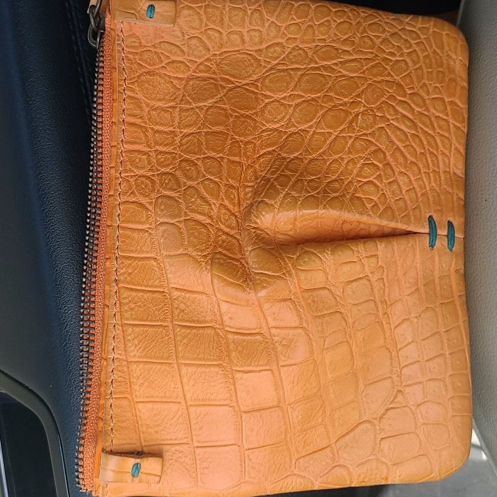 49 Square Miles small leather crossbody.Orange crocodile embossed leather
